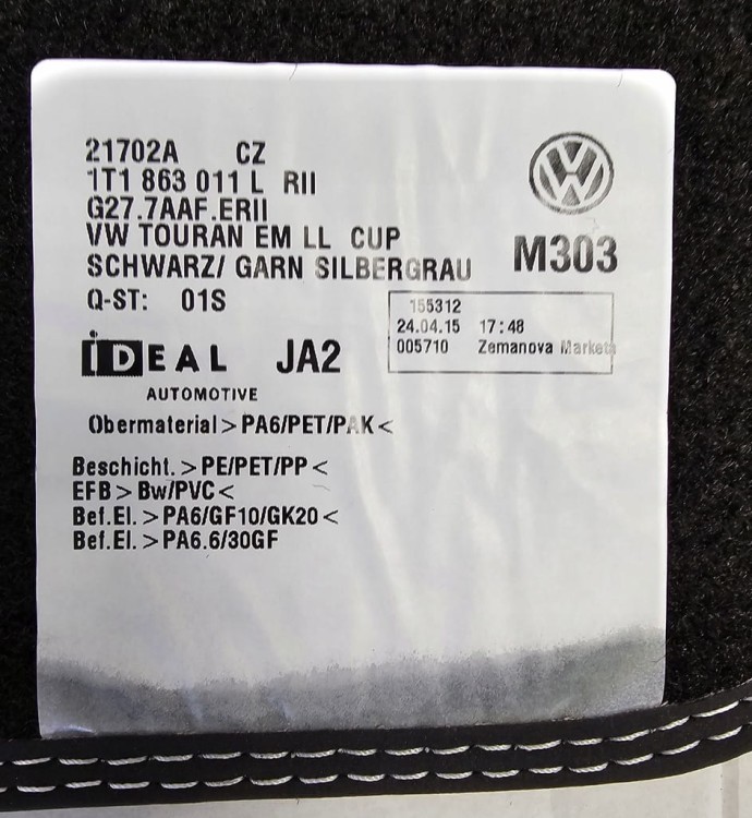 NOWE OEM. VW TOURAN DYWANIKI WELUROWE 1T1863011L