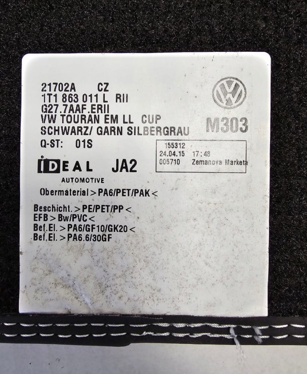 NOWE OEM. VW TOURAN DYWANIKI WELUROWE 1T1863011L
